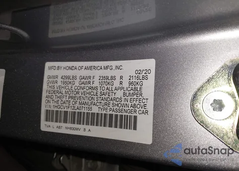 2020 Honda Accord Lx из США, поврежденный, VIN 1HGCV1F12LA071155